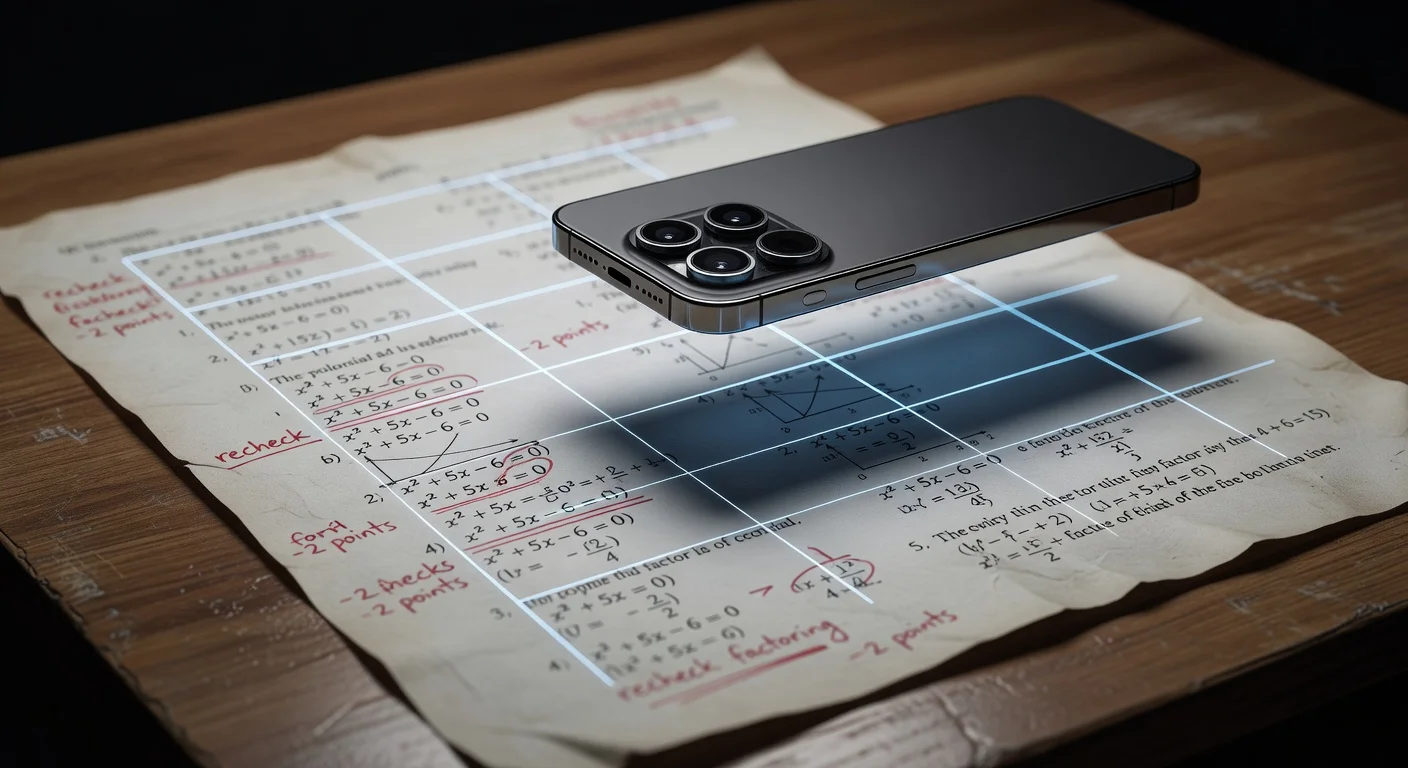 A teenager scanning a complex math worksheet with an AI homework solver app on their phone
