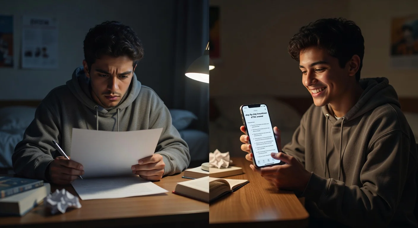 Student going from stressed to relieved using an AI homework helper.