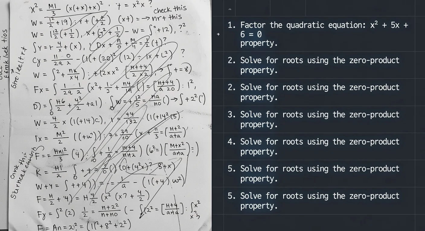 Before and after comparison of messy handwritten math and clean digital AI explanations.
