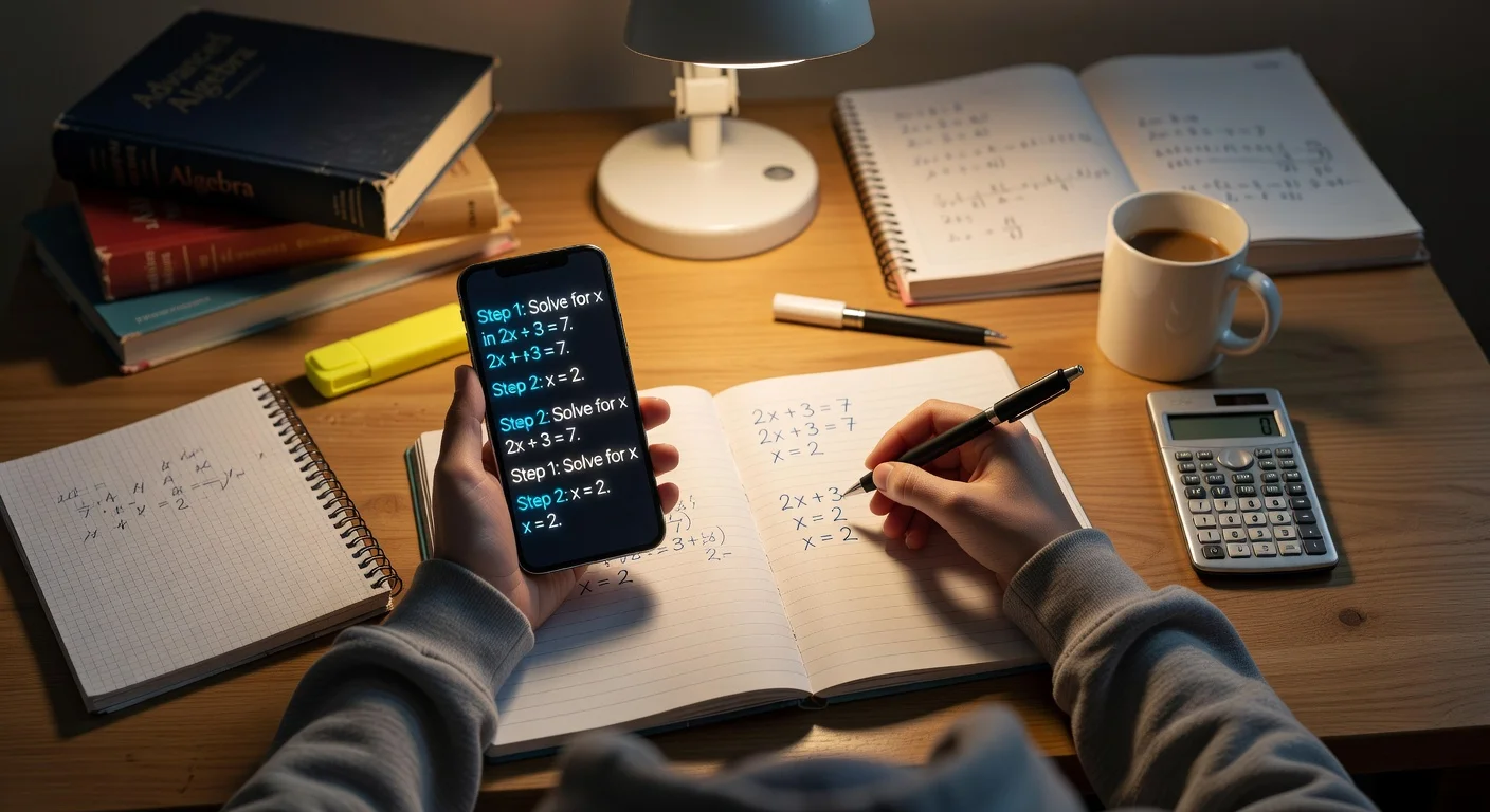 A student using a smartphone app to scan a complex math problem on a messy desk in 2026.