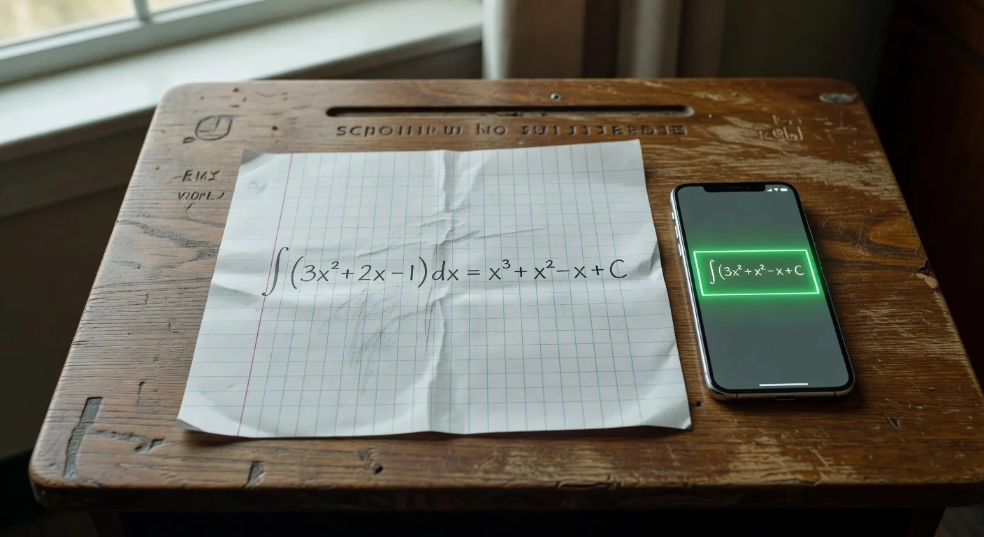 Student holding a smartphone scanning a calculus problem on a messy desk