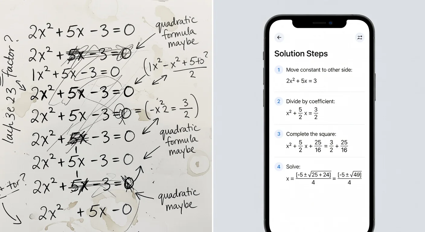 Step-by-step math solver interface showing algebra progression.