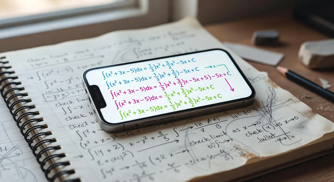 Student holding a smartphone displaying a step-by-step math solution over a handwritten equation