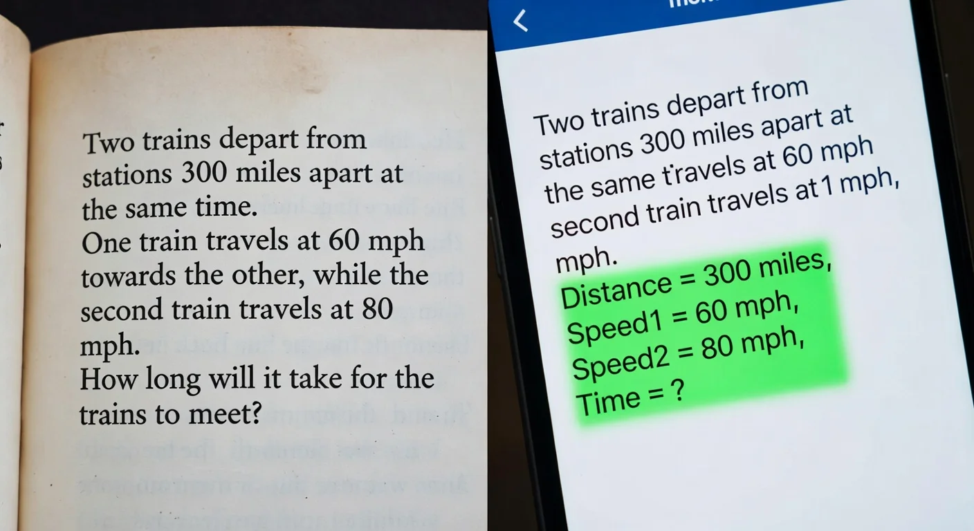 Scanning a math word problem to convert sentence structure into an algebraic equation.