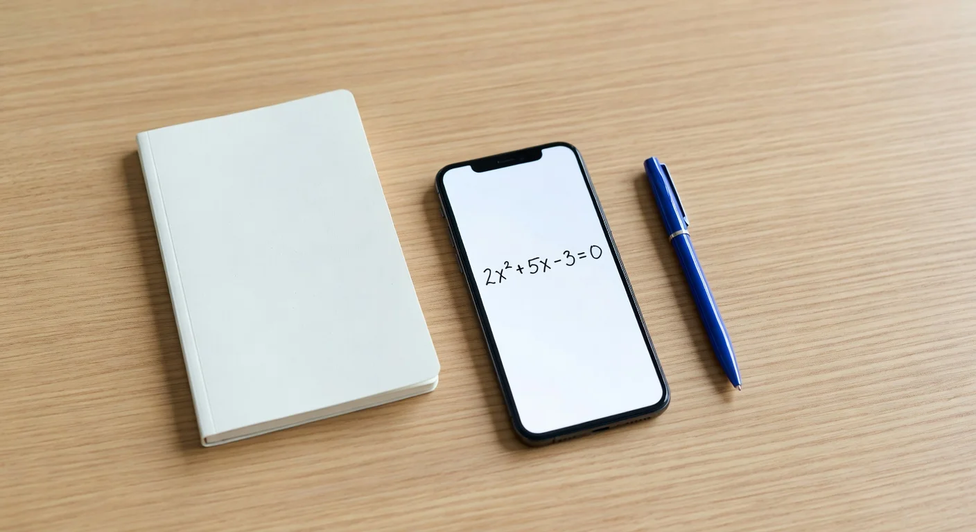 A student holding a smartphone, scanning a math worksheet on a digital desk setup