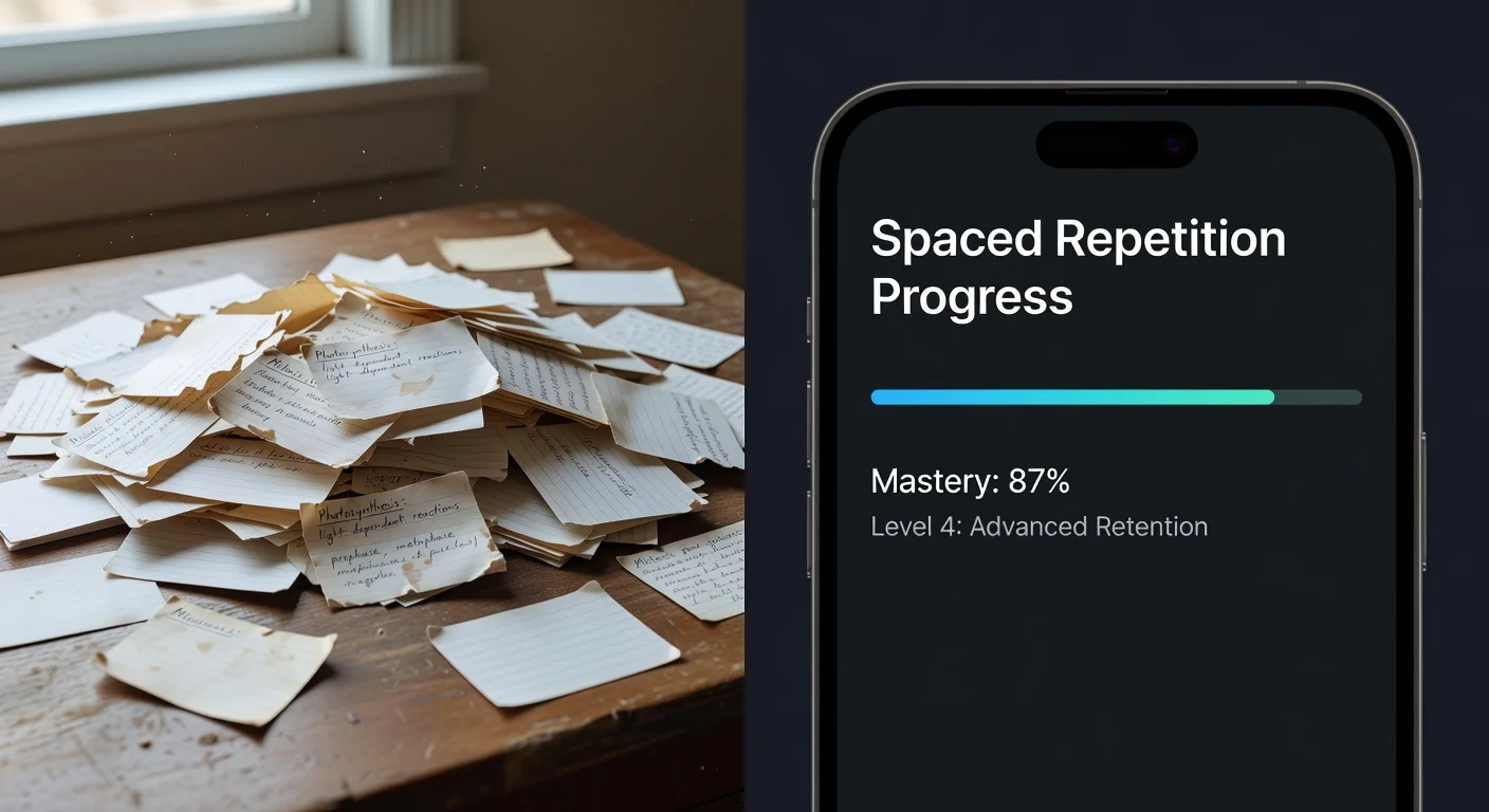 Comparison of physical flashcards versus digital spaced repetition algorithms.