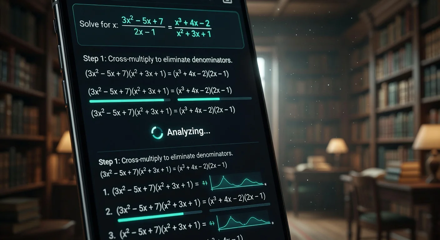 Student holding a smartphone scanning a calculus textbook problem in a library setting.
