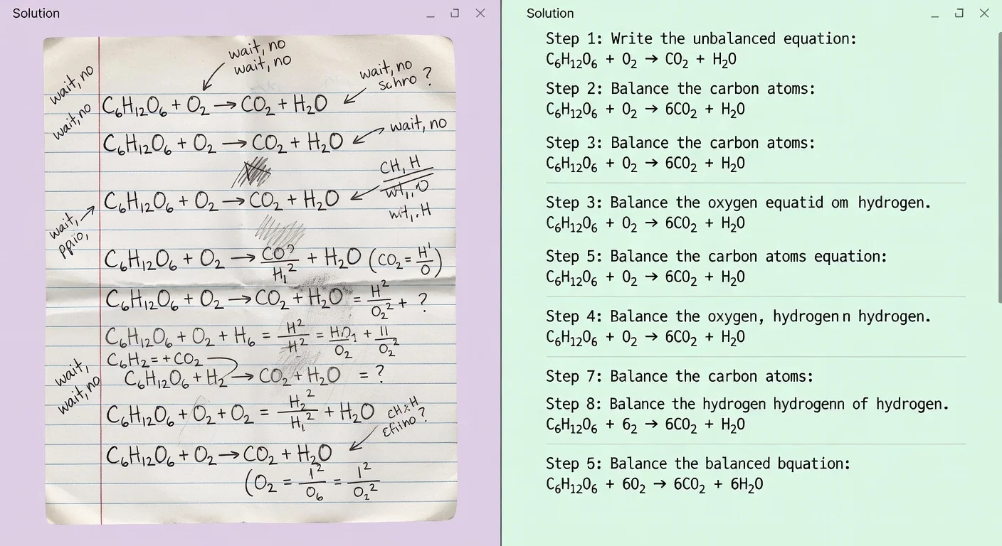 Comparing messy student handwriting to a clean AI-generated homework solution.