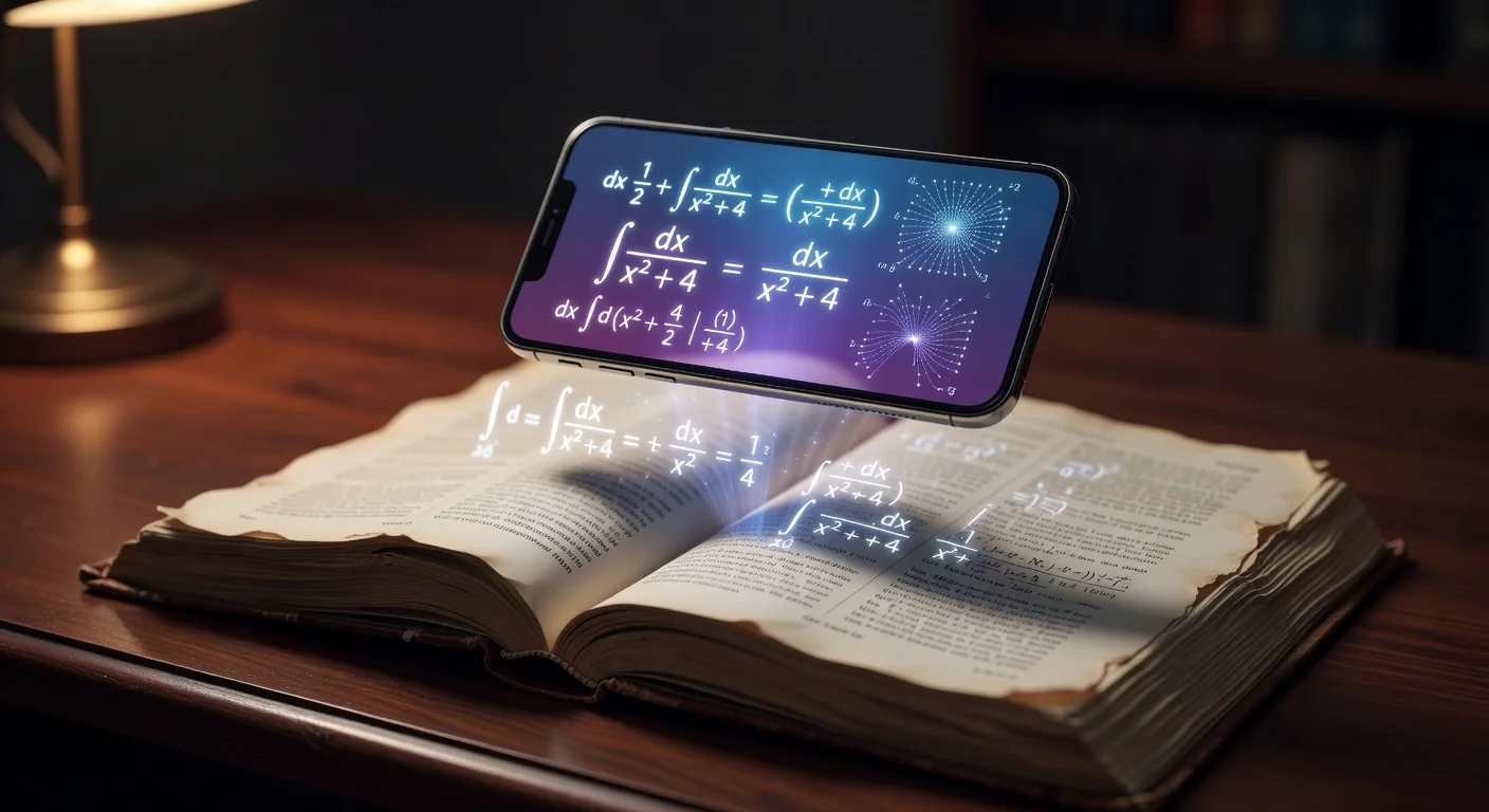 A teenager holding a smartphone scanning a math textbook on a wooden desk