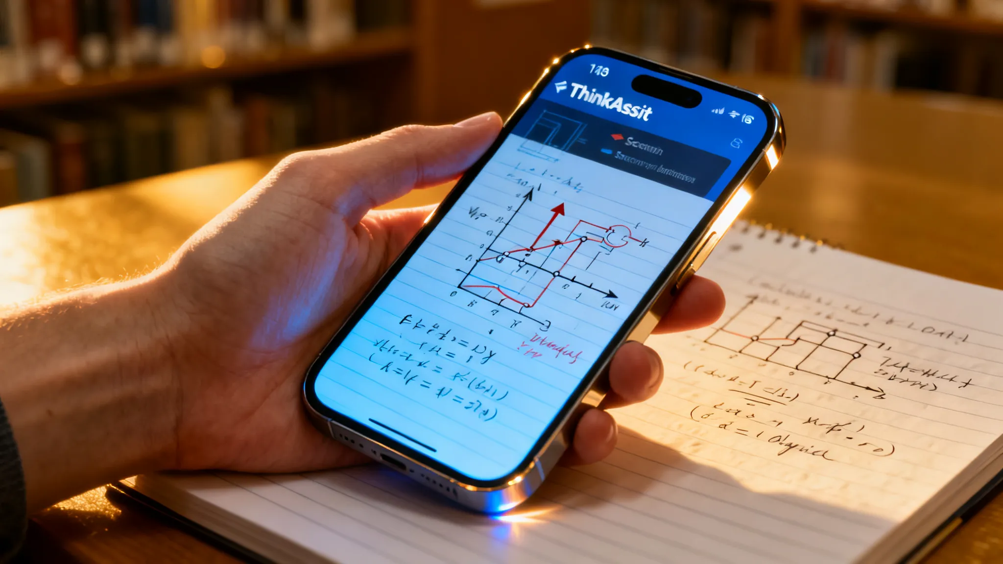 A smartphone scanning a handwritten calculus problem with an AI overlay highlighting the solution steps.