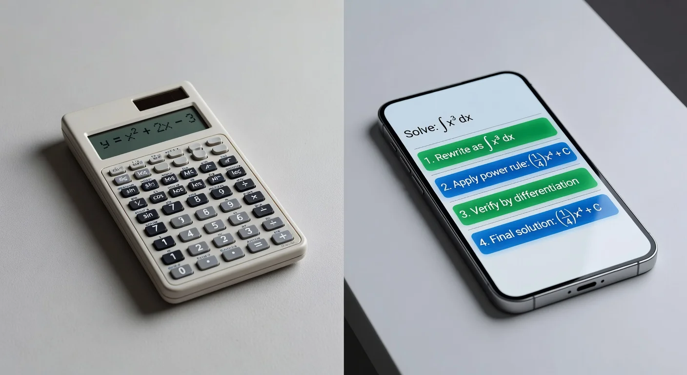 A comparison between a traditional graphing calculator and a modern AI math solver app displaying step-by-step solutions.