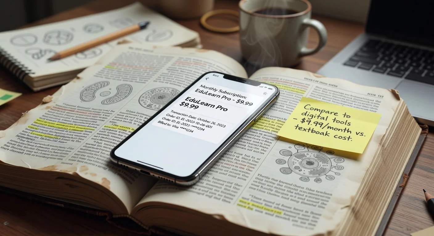 A smartphone displaying a monthly subscription receipt for an AI homework app on top of a textbook.