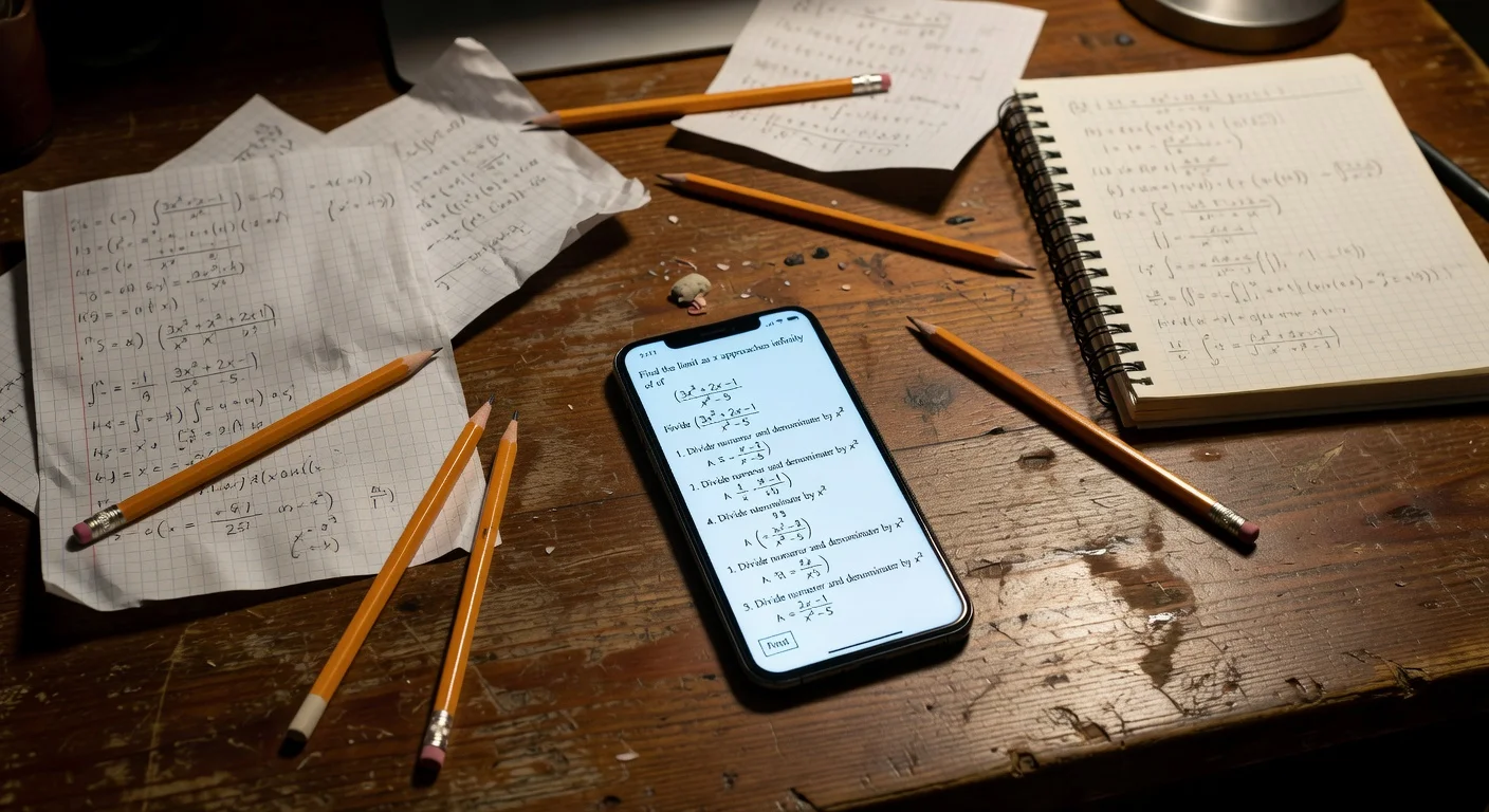 A high school student holding a smartphone over a messy desk, scanning a math assignment with an AI homework app.