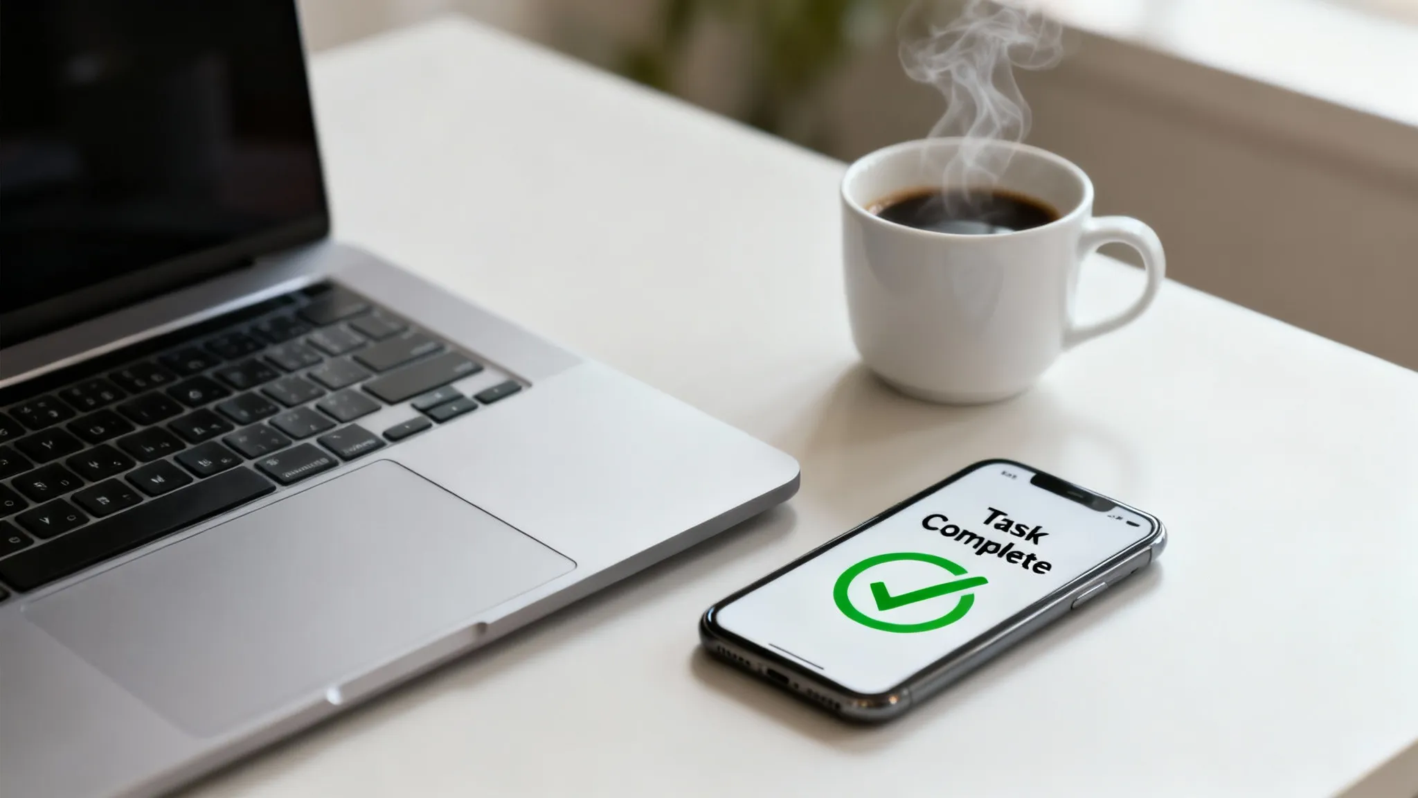 A tidy study desk setup with a smartphone showing a completed assignment notification.