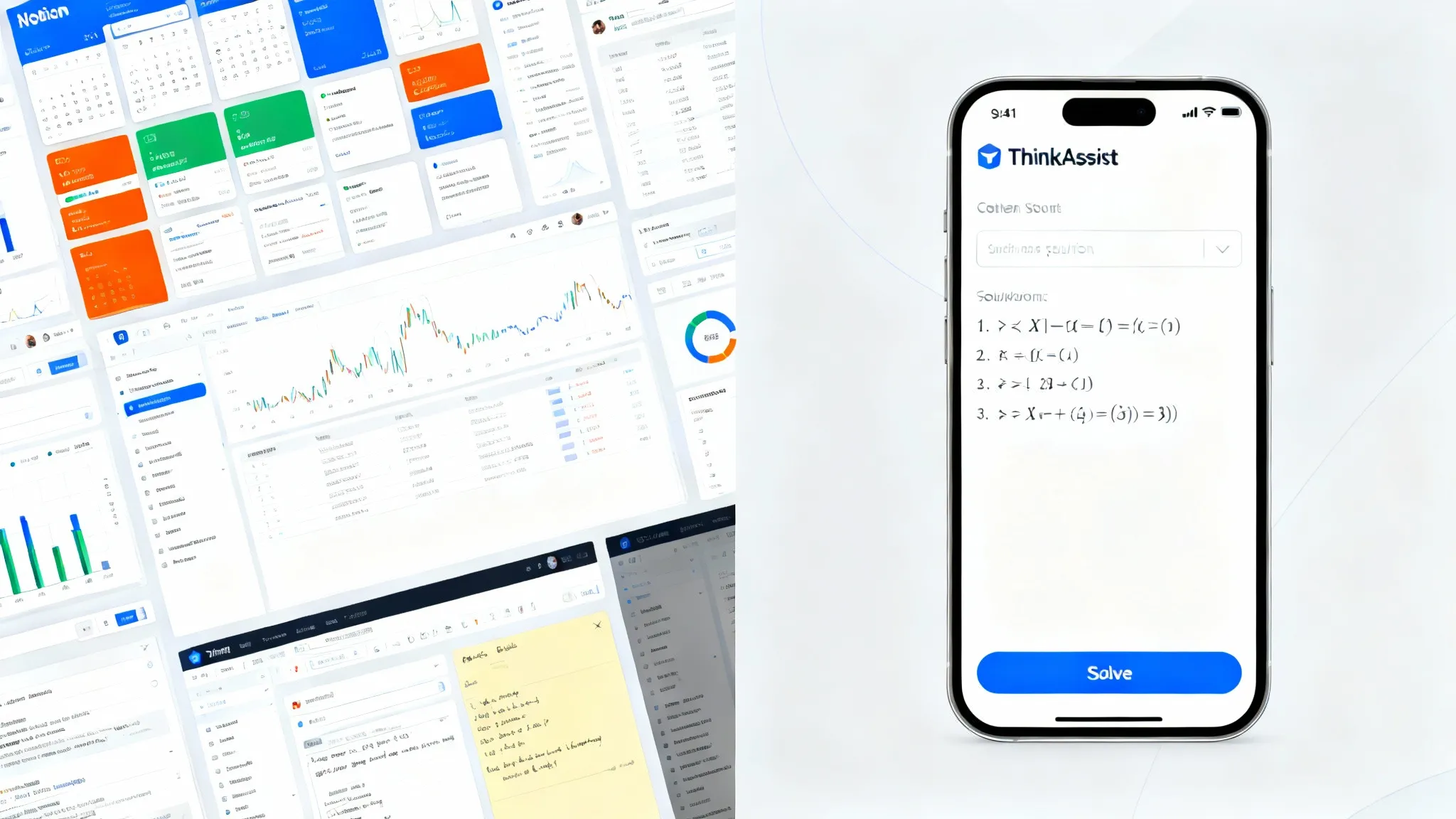 Comparison between a complex Notion dashboard and the streamlined ThinkAssist AI interface.