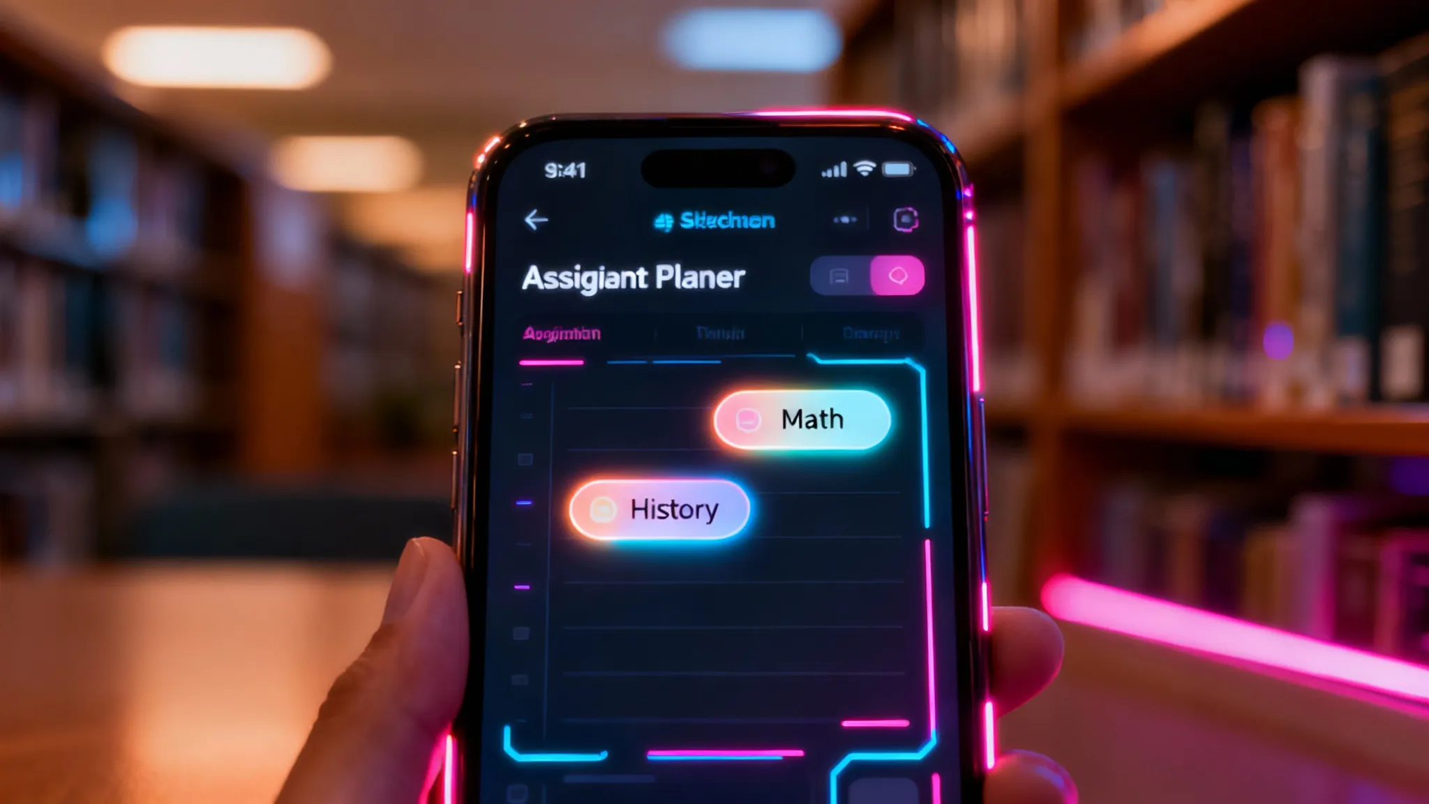 A student using a mobile assignment planner app while studying at a desk with textbooks