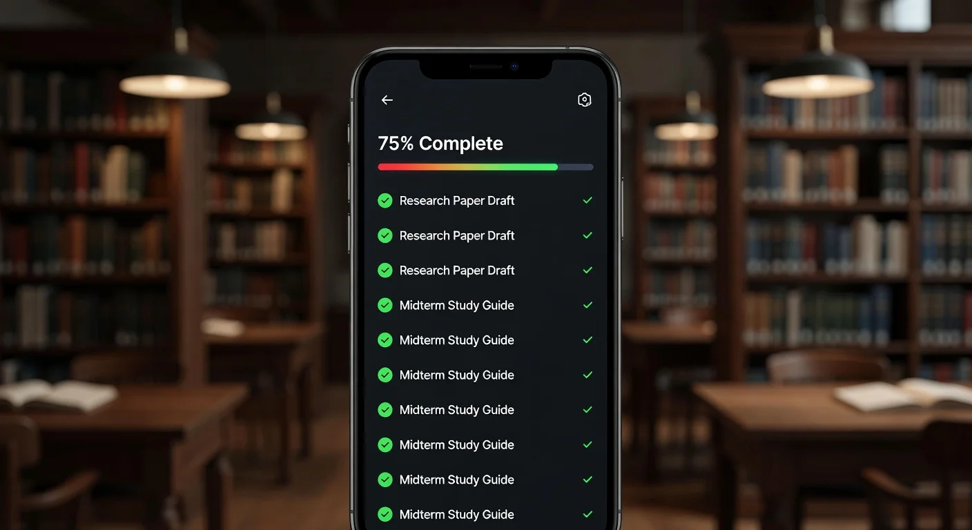 A organized student desk with a tablet displaying a digital assignment tracker app