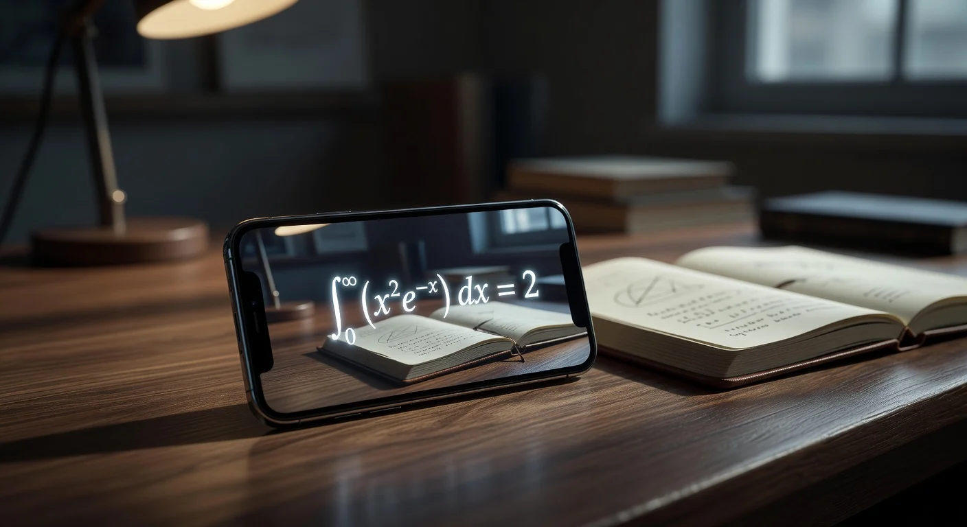 Student using a smartphone to scan a biology textbook in a dark study room