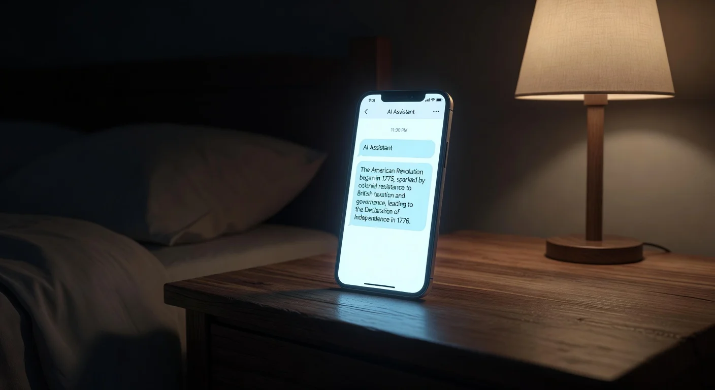 Using a 24/7 AI homework tutor late at night on a smartphone.