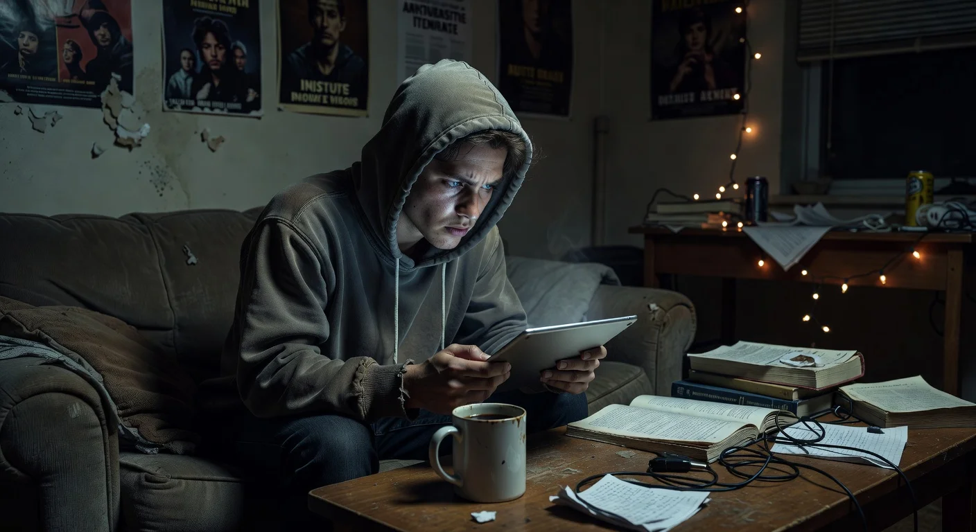 A student studying late at night feeling frustrated by a difficult assignment.