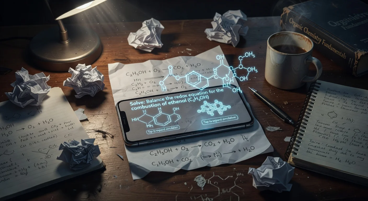 A student holding a smartphone over a heavily annotated math textbook, scanning a complex equation.