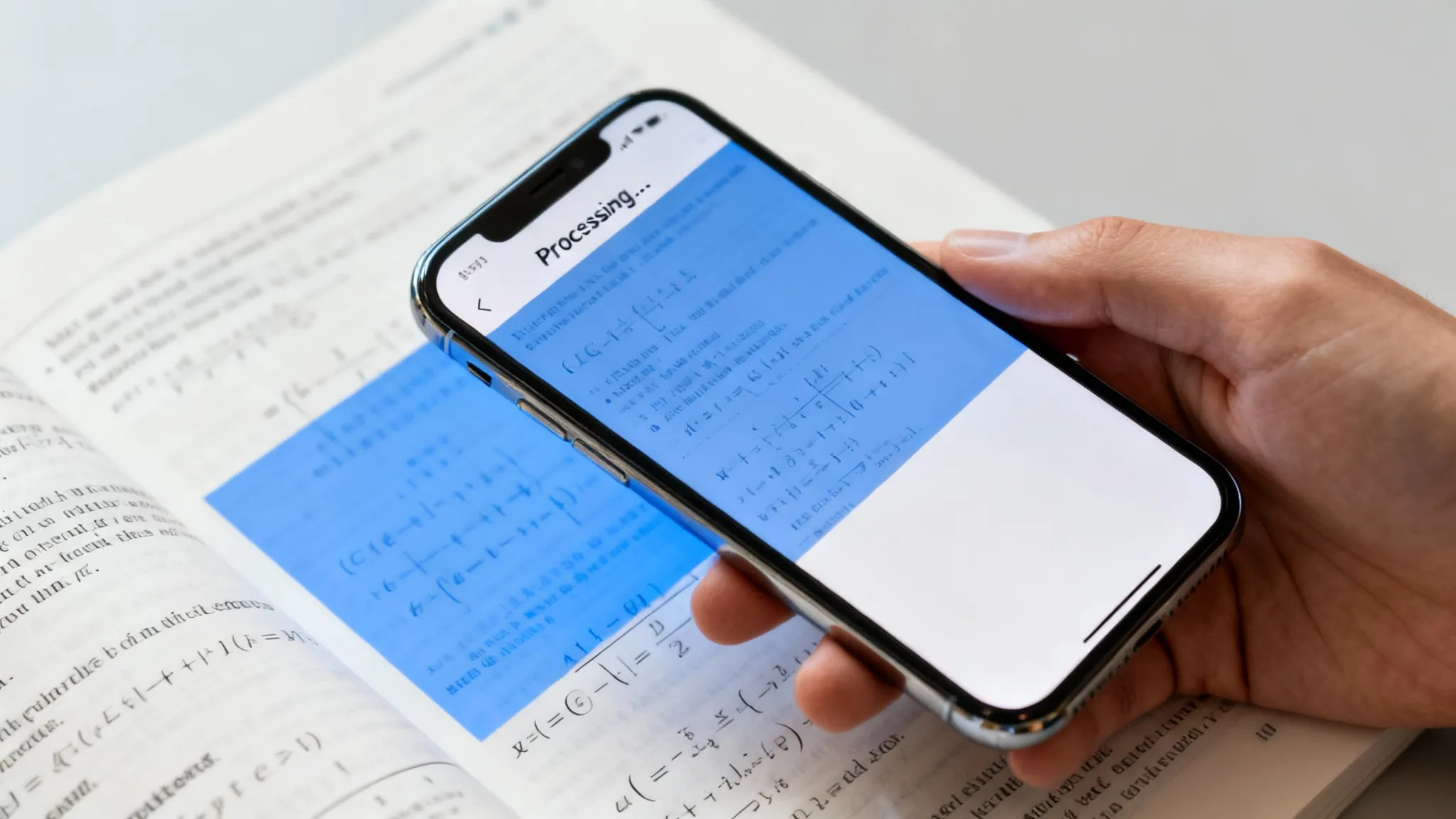 A student using an iPhone to scan a math problem for instant AI solution generation.
