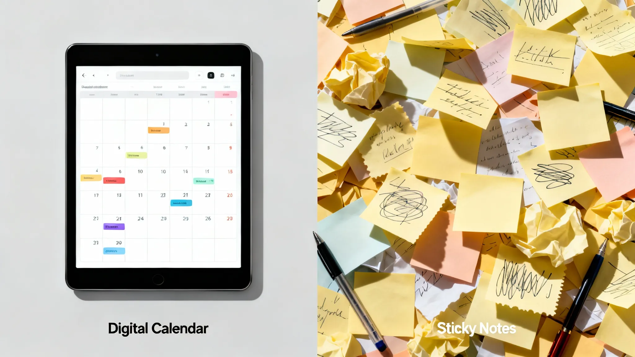 Digital organization vs traditional sticky notes for student productivity comparison.