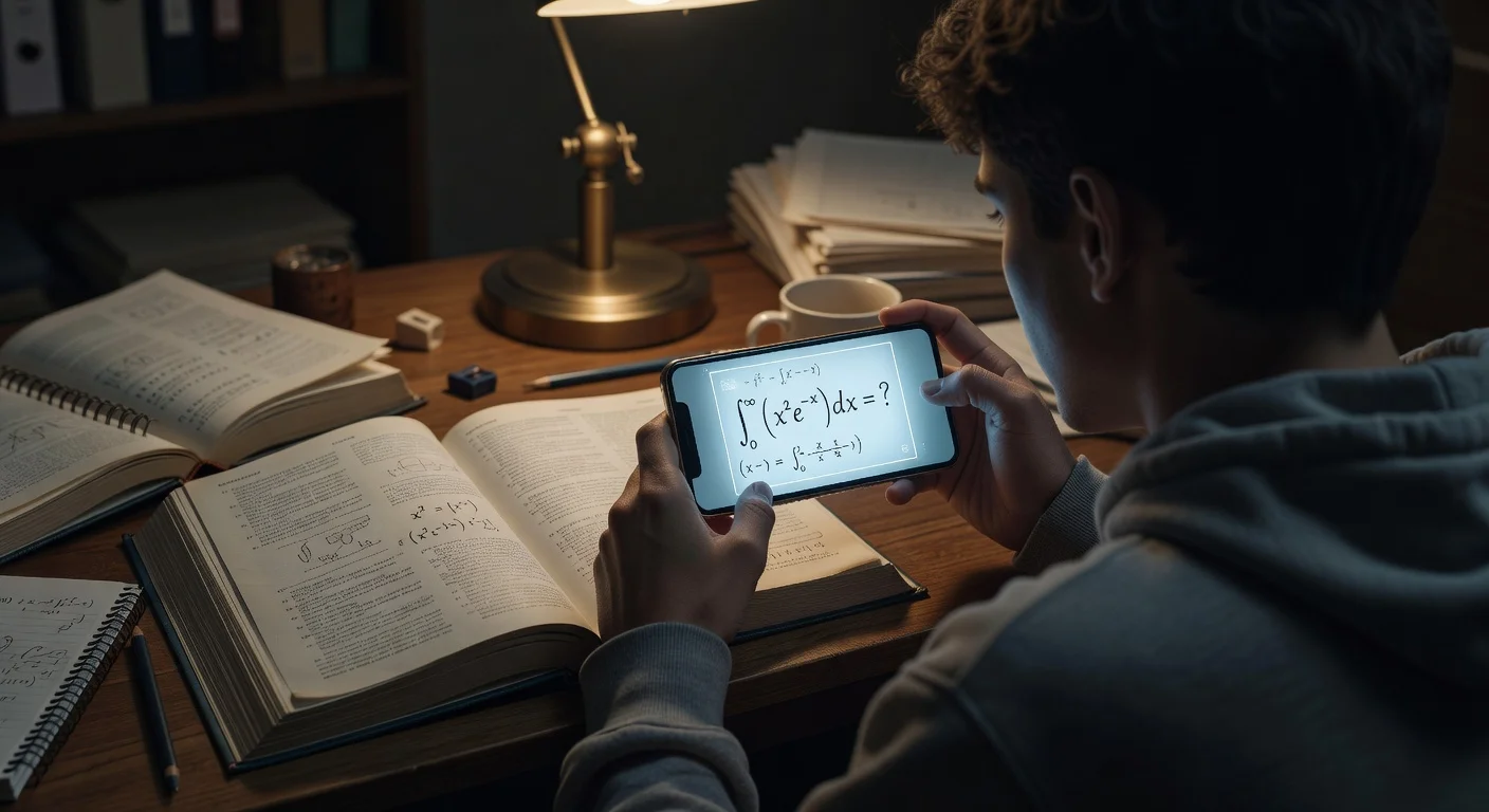 A student scanning a calculus textbook with an iPhone at a desk.