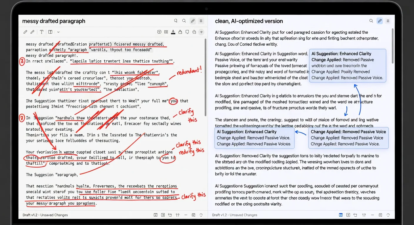 Application interface showing paragraph corrections and grammar explanations.