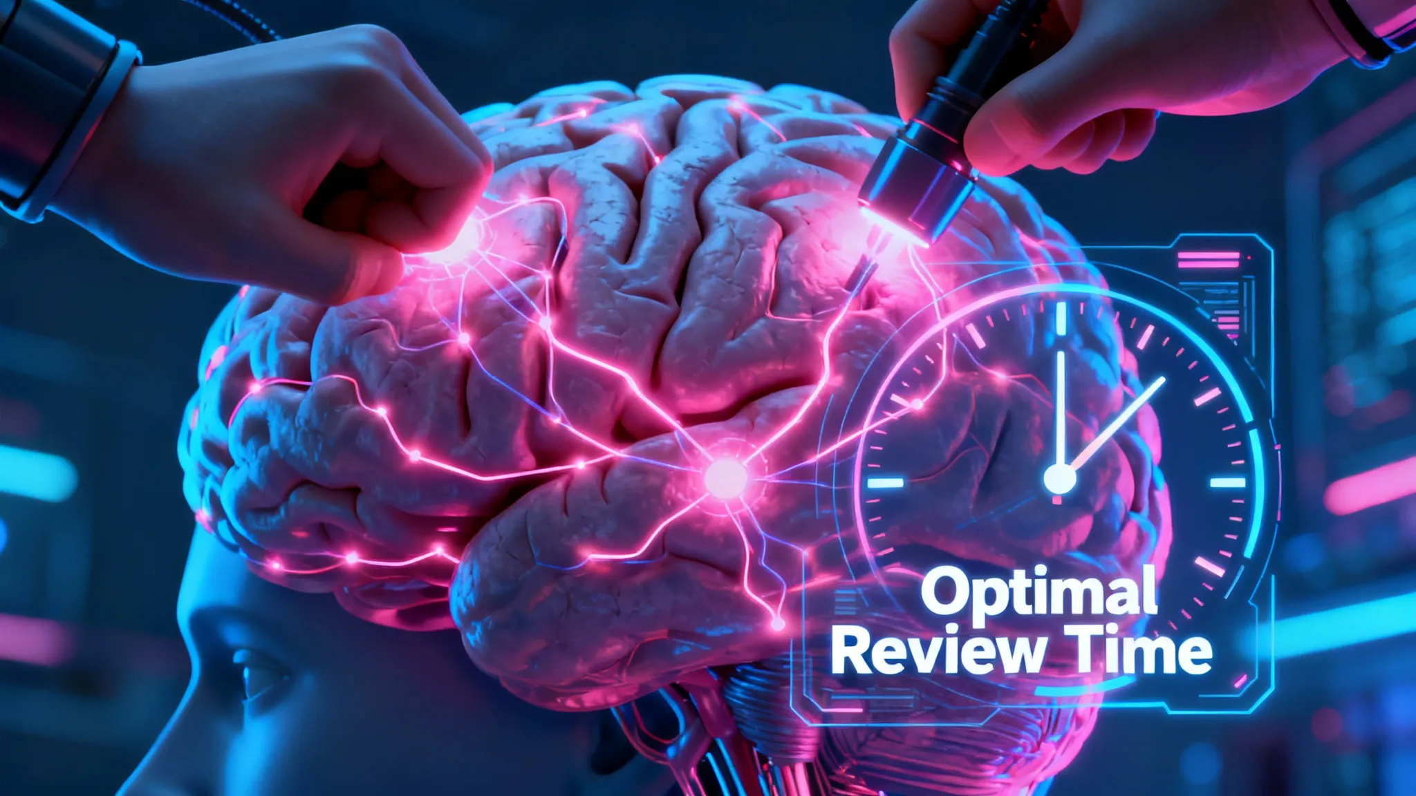 Abstract 3D illustration of a brain and clock representing spaced repetition learning algorithms.