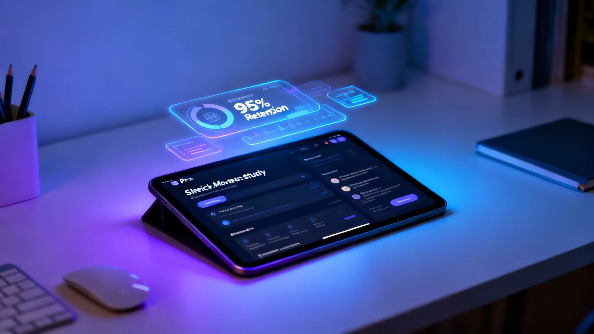 A smartphone displaying a digital flashcard app with a futuristic interface overlay showing learning statistics.