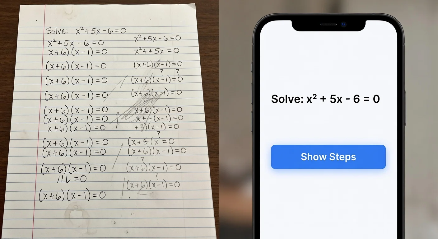 Handwritten math notes converted to digital steps by an AI app.