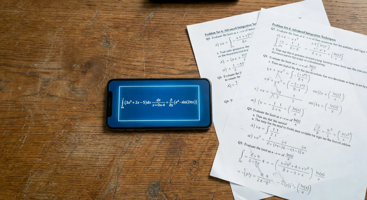 Student using a smartphone to scan a high school math test at a library desk