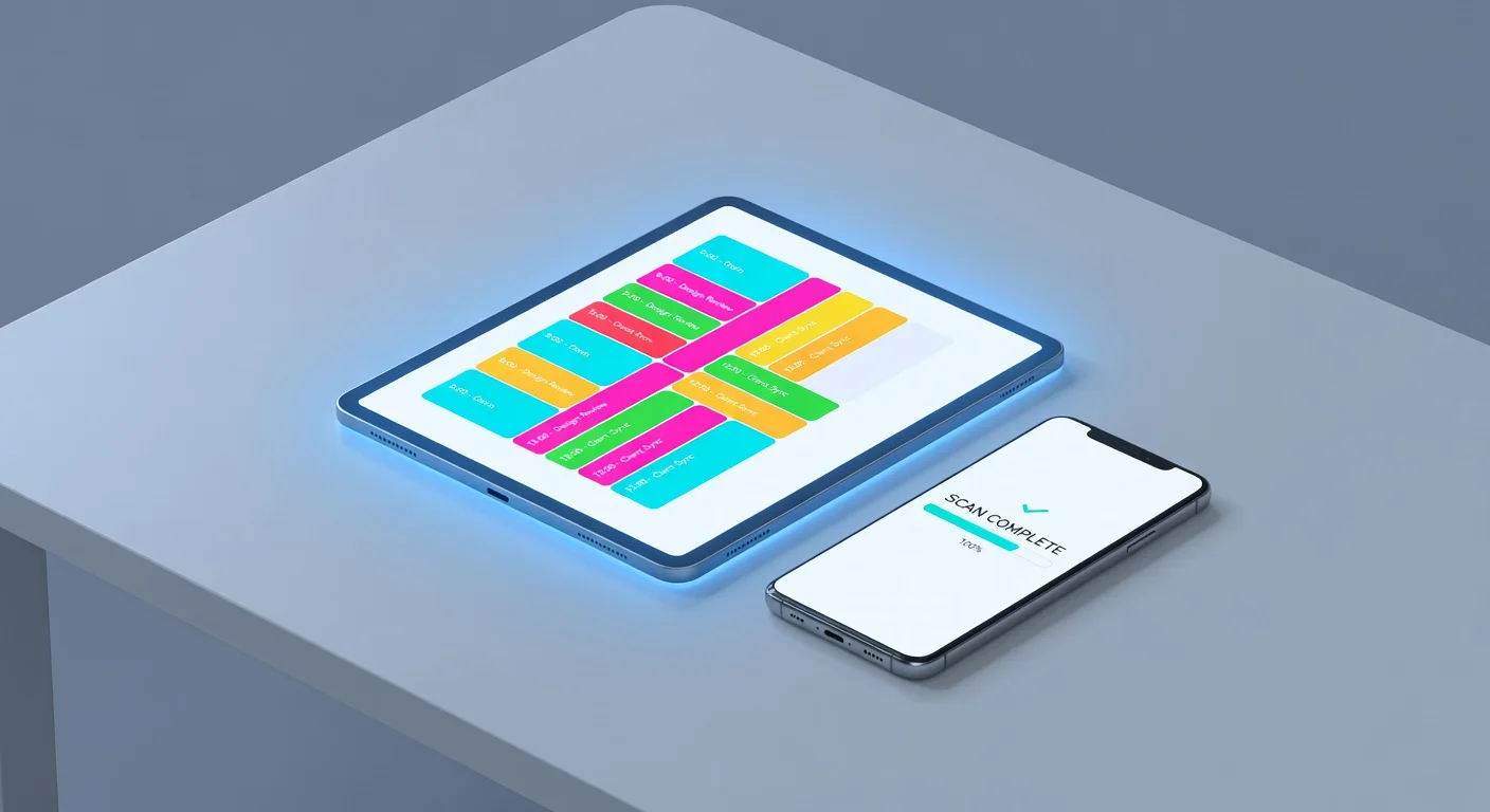 A student desk setup in 2026 showing a smartphone scanning a math problem next to a digital planner on a tablet