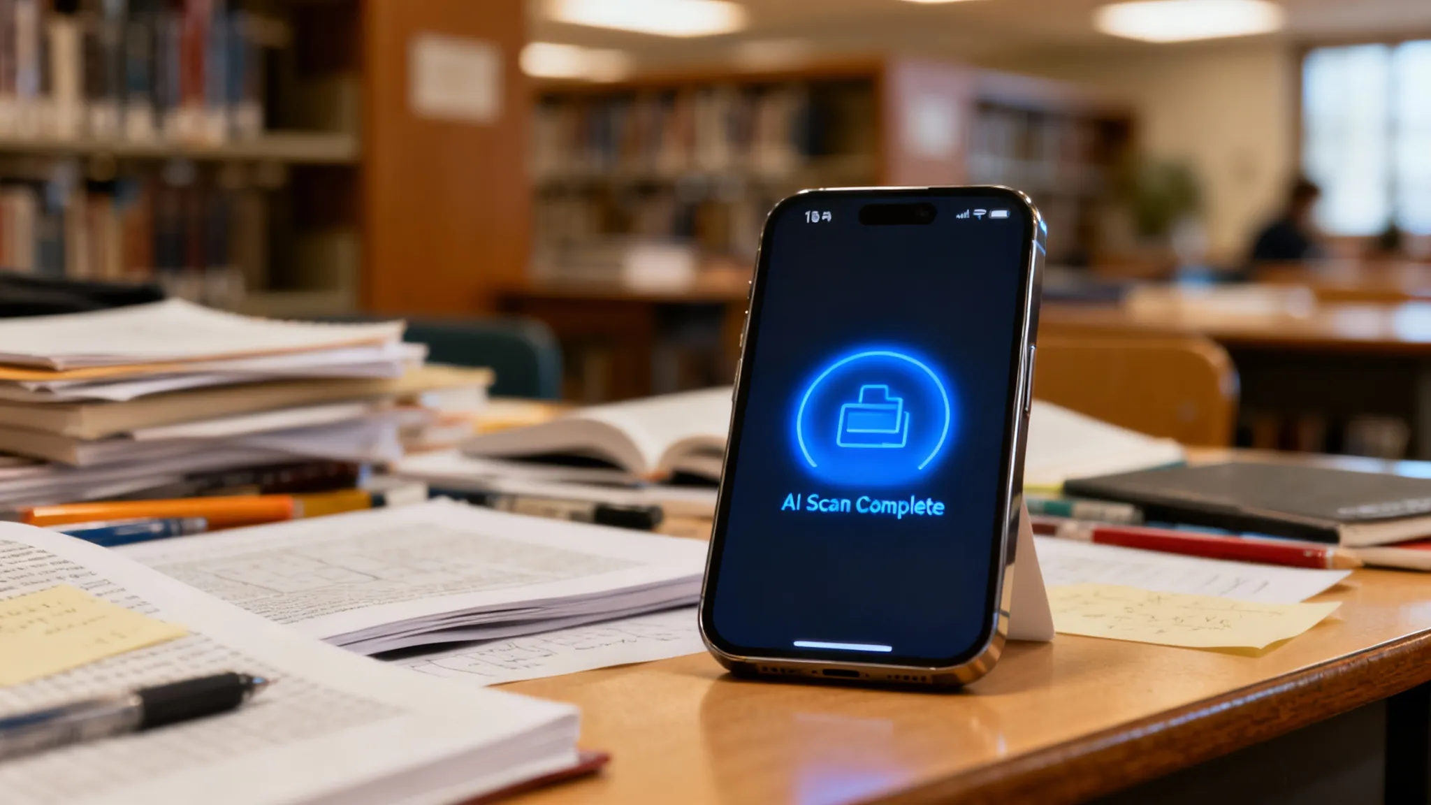 A smartphone displaying a futuristic homework planner interface with a coffee cup on a wooden desk.