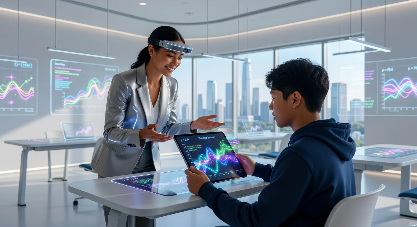 A student and teacher using digital tools side by side to understand graphing data.