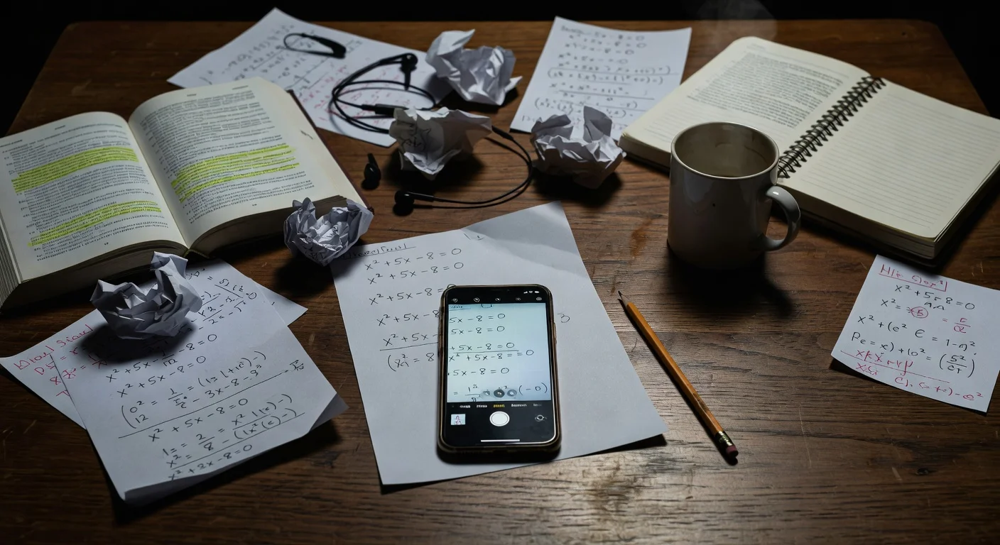 Student holding a smartphone over a complex calculus worksheet to scan for an answer.