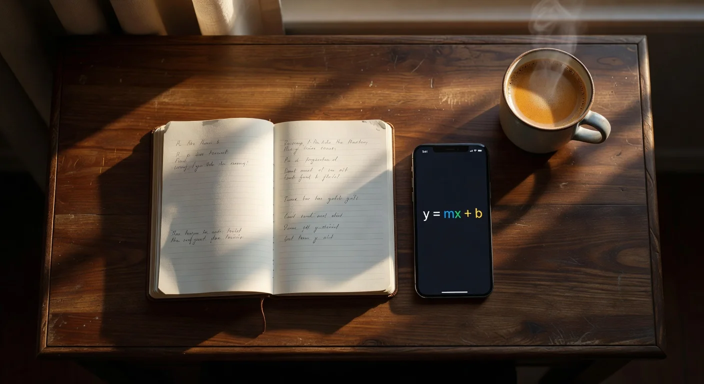 A focused student working at a clean desk with a textbook and a smartphone running an AI tutoring app.