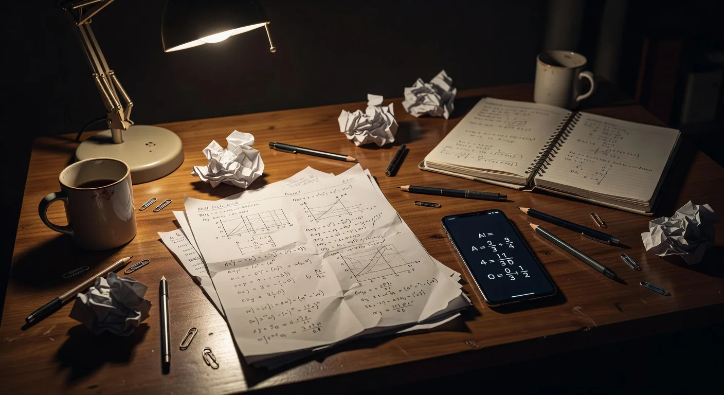 A frustrated student using a smartphone to scan a difficult math equation on a wooden desk.