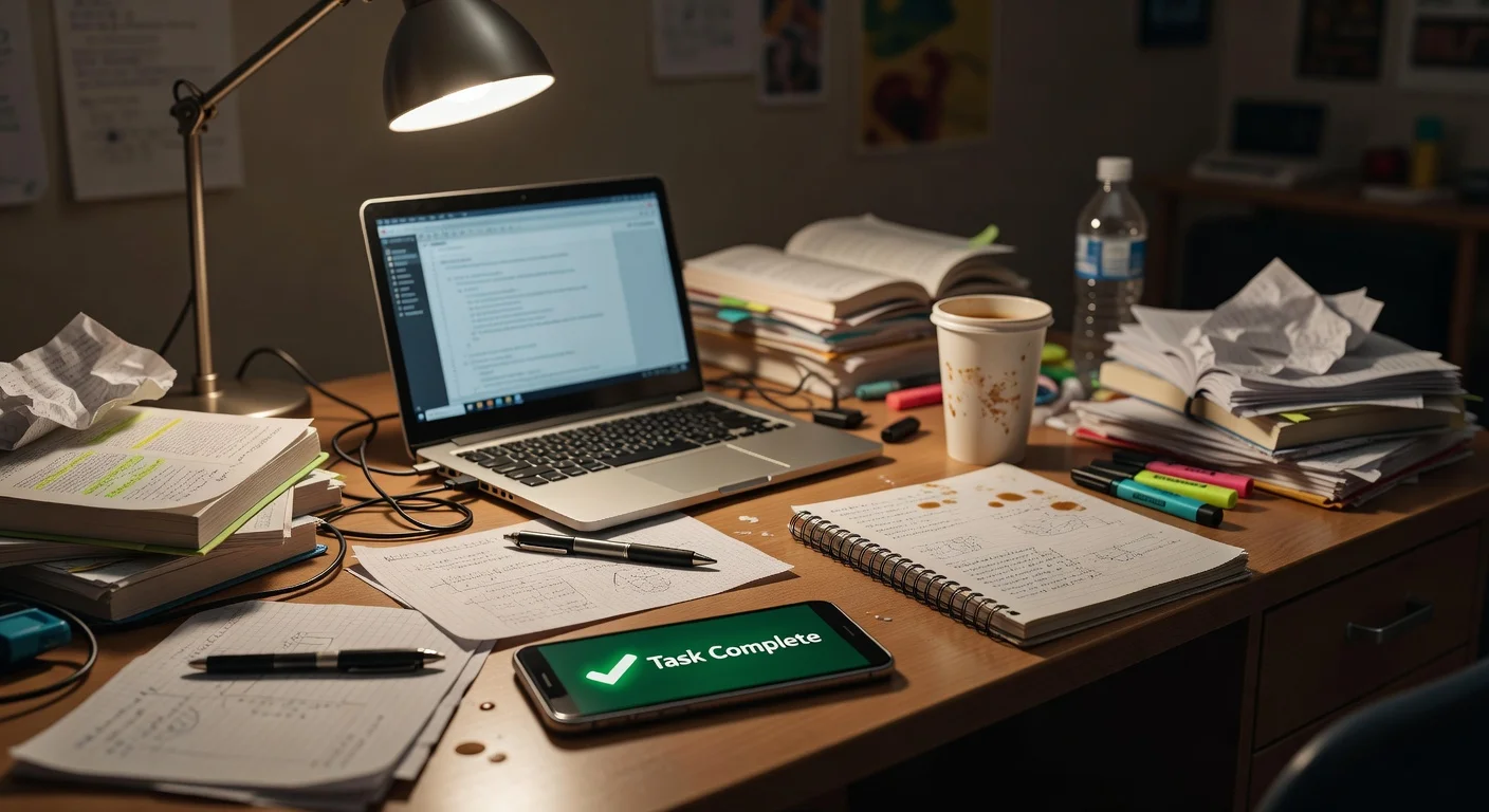 Student using a phone to scan homework notes in a cozy, dimly lit study room