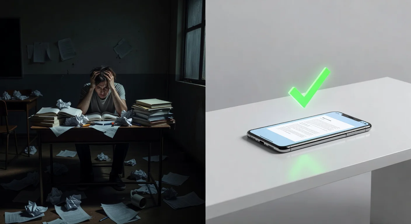 A stressed student looking at a pile of textbooks with a calm overlay of a finished checklist