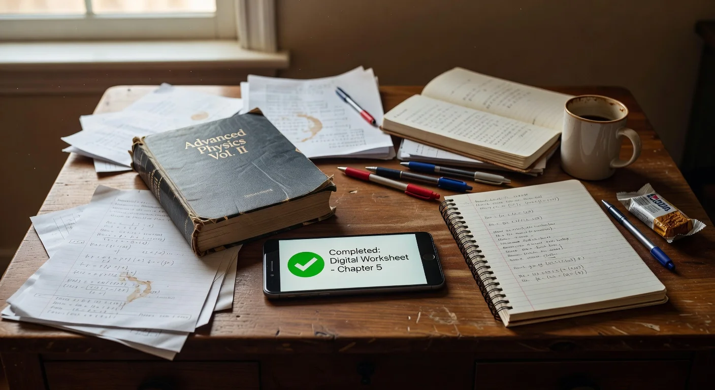 A student relaxing on a couch while a smartphone scans a math worksheet on the coffee table nearby