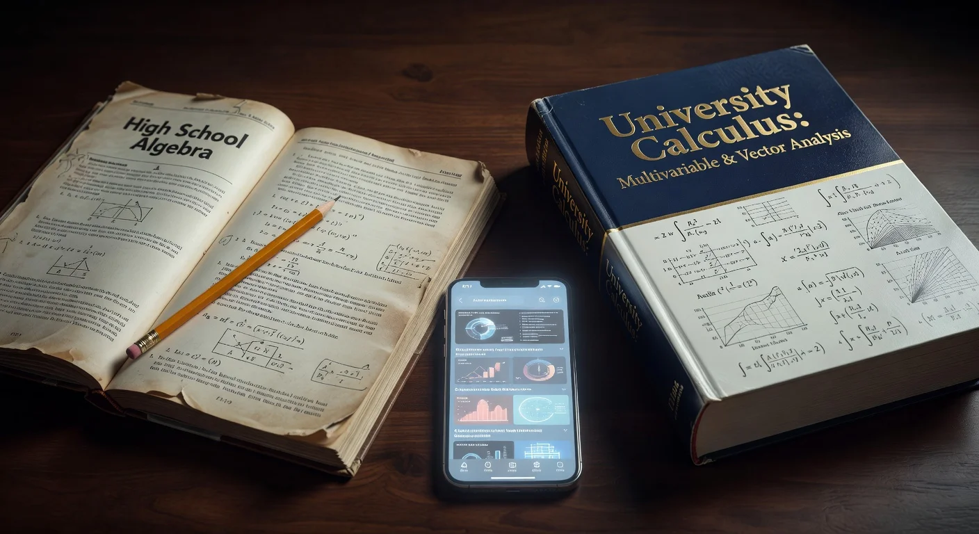 A comparison of simple high school math and complex college calculus, both solvable with modern hw help applications.