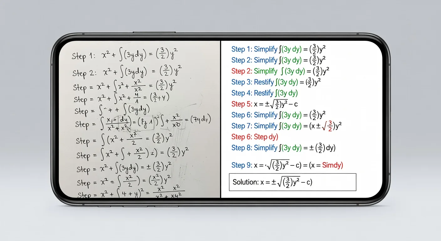 A visual comparison of a messy handwritten math problem being converted into a clean step-by-step digital solution on a mobile interface.