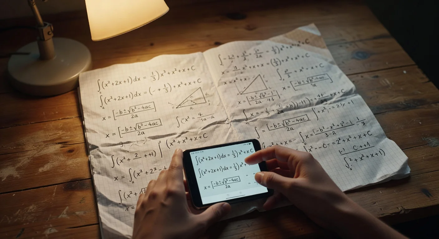 A student using a mobile phone to scan a complex calculus problem on a messy desk