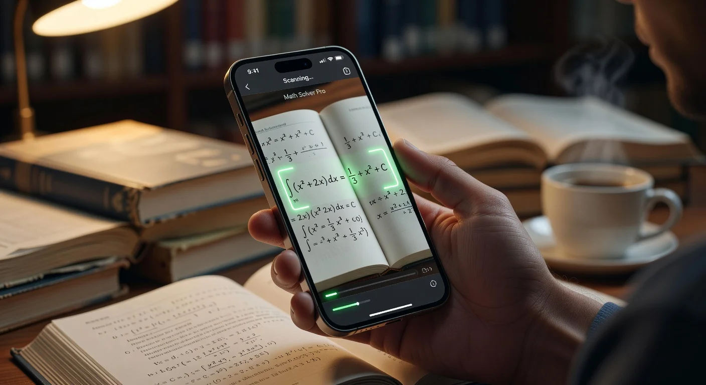 A smartphone displaying a complex calculus problem being scanned by a learning app with a green checkmark indicating a solution.
