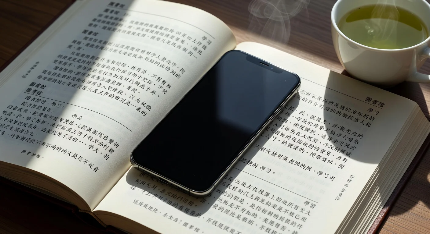 A smartphone displaying a Mandarin Chinese vocabulary app next to a messy desk with study notes.