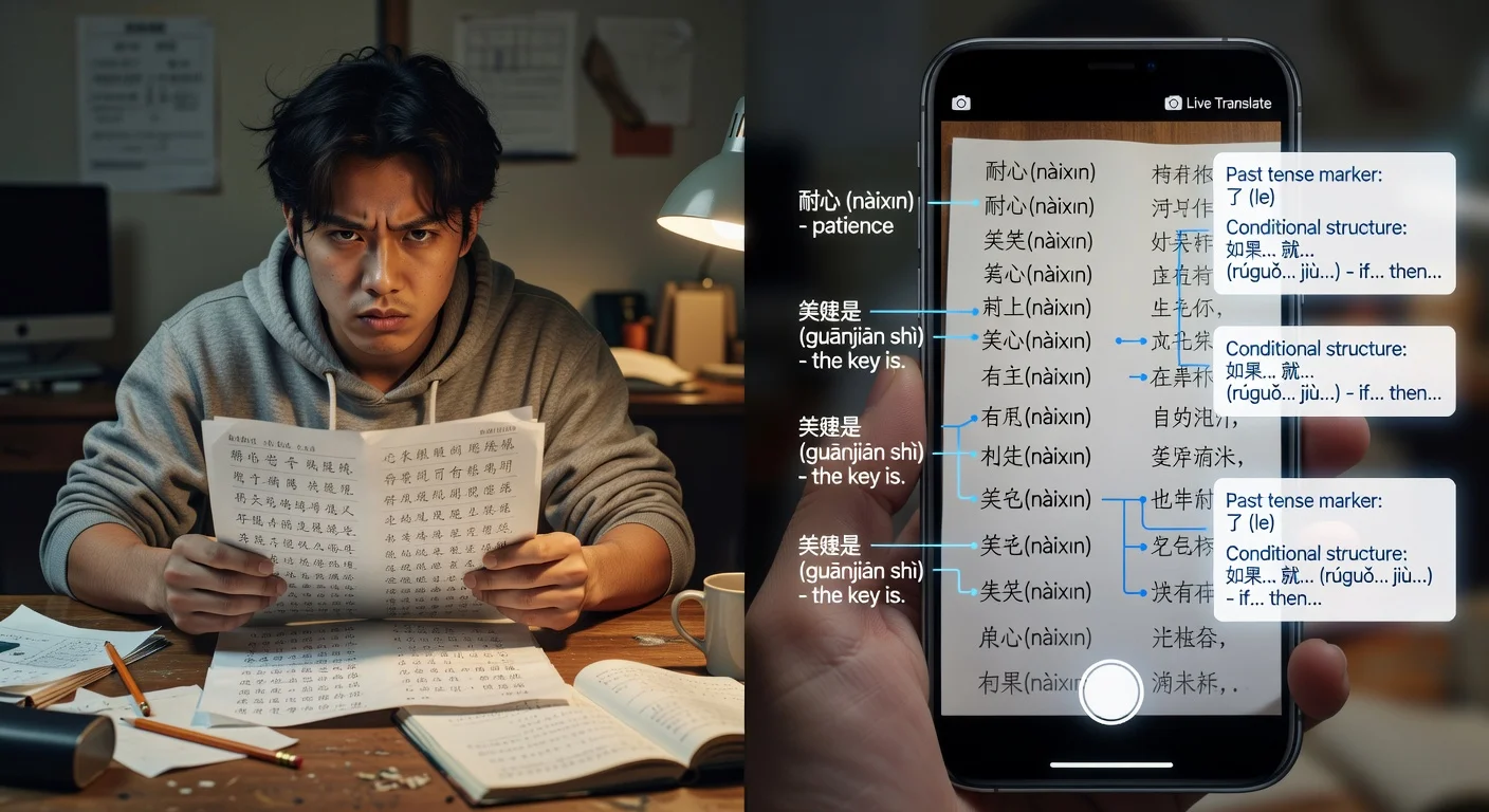 Using AI camera software to scan and translate difficult Chinese homework assignments.