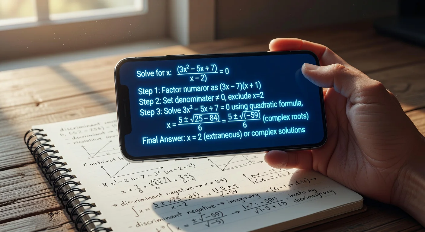 A student holding a smartphone, scanning an algebra problem from a math textbook at a desk.