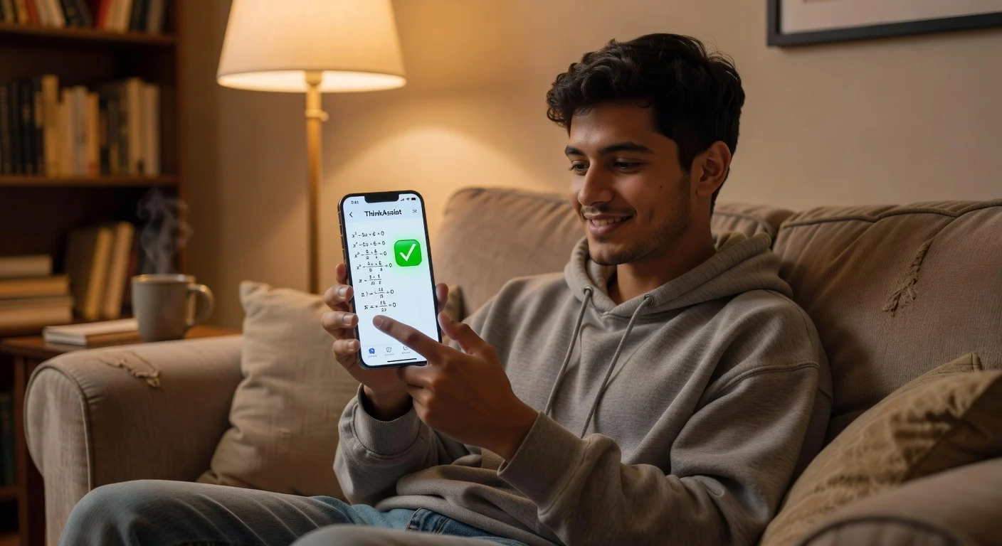 Student using a homework solver app on smartphone to check answers.